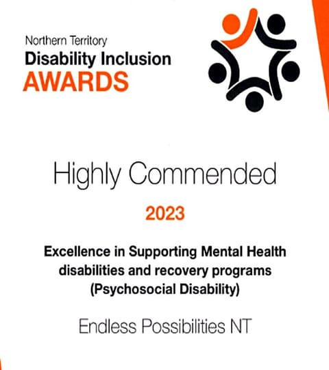 Certificate from the NT Disability Inclusion Awards 2023 naming EPNT Highly Commended